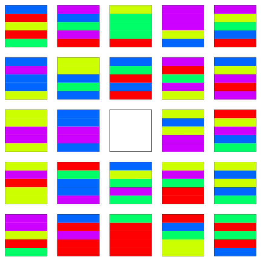 25 wadah berisi banyak warna campuran dan wadah di tengah kosong